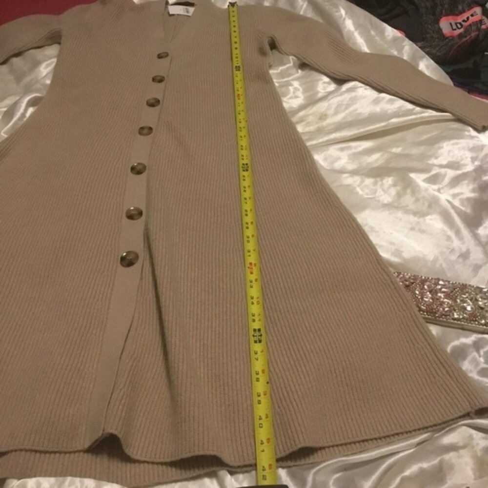 Ann Taylor Long Sleeve Ribbed Long Khaki Sweater Dress Button Down V Neck M - Picture 6 of 11